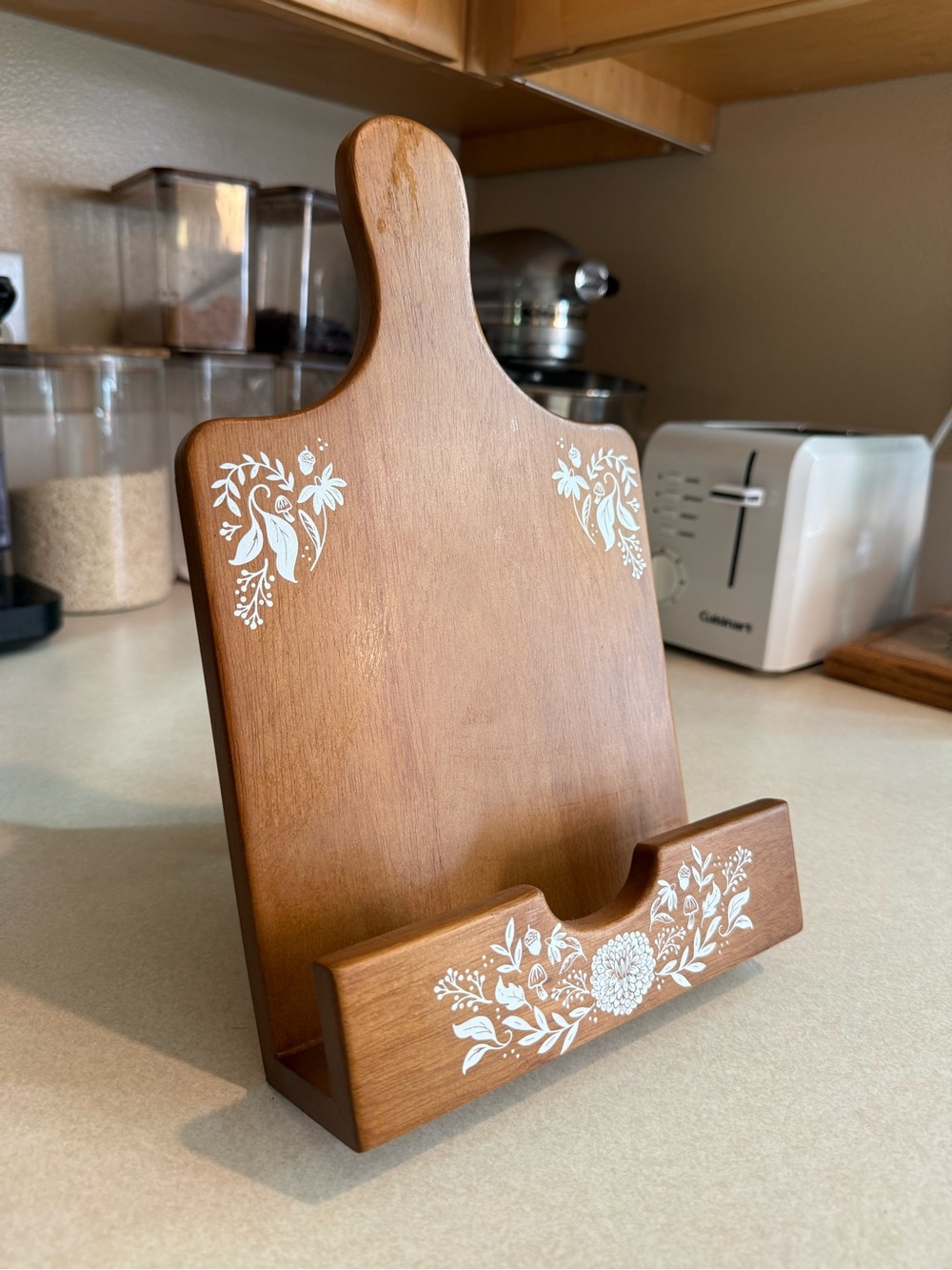 Wooden Tablet & Cookbook Stand with White Floral Accent - Brown